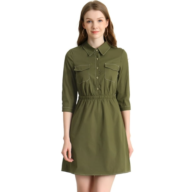 Allegra K Vestido Estilo Safari Para Mujer Con Puntada En Contraste, Media Tapeta, Mangas 3/4, Vestido Camisero Ejercito verde XS