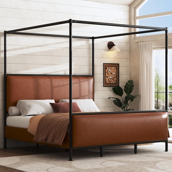 King Size Canopy Bed Frame with PU Leather Upholstered Headboard & Iron Legs, 4-Poster Bed with Wood Slats for Bedroom, Brown Black