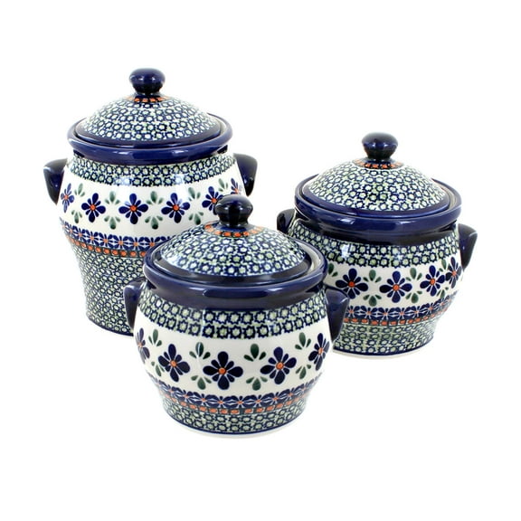 Blue Rose Polish Pottery Mosaic Flower Canister Set