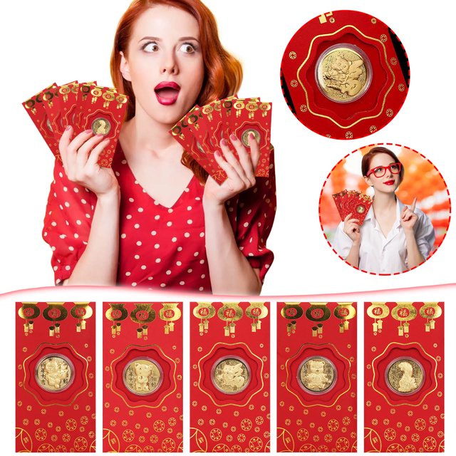 Fiudx Ofertas Relámpago Año Nuevo Auspicioso Moneda De oro Sobre Rojo Papel De oro Sobre Rojo Chino