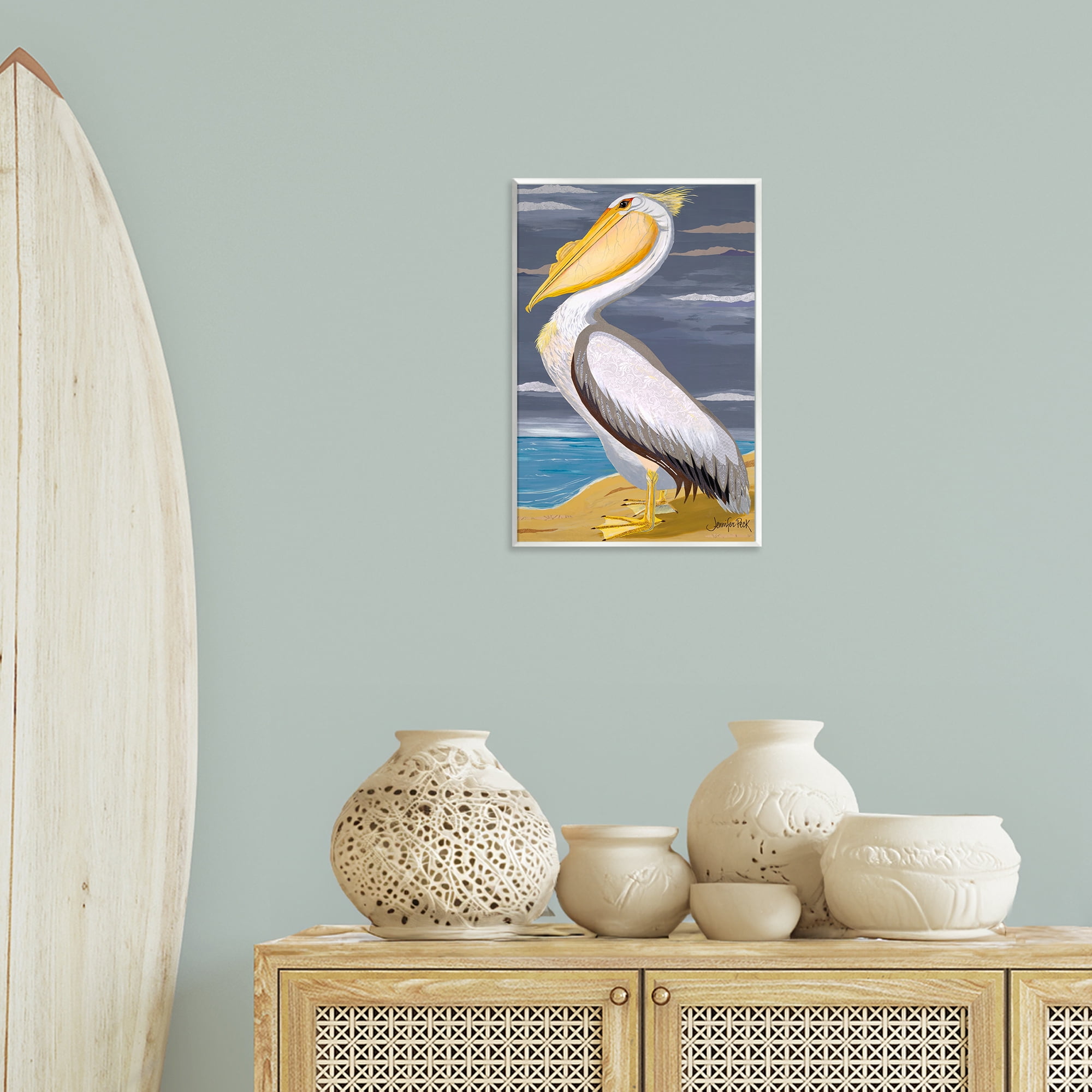 Stupell Industries White Pelican on Shore Animals & Insects Painting Unframed Art Print Wall Art, 13 x 19