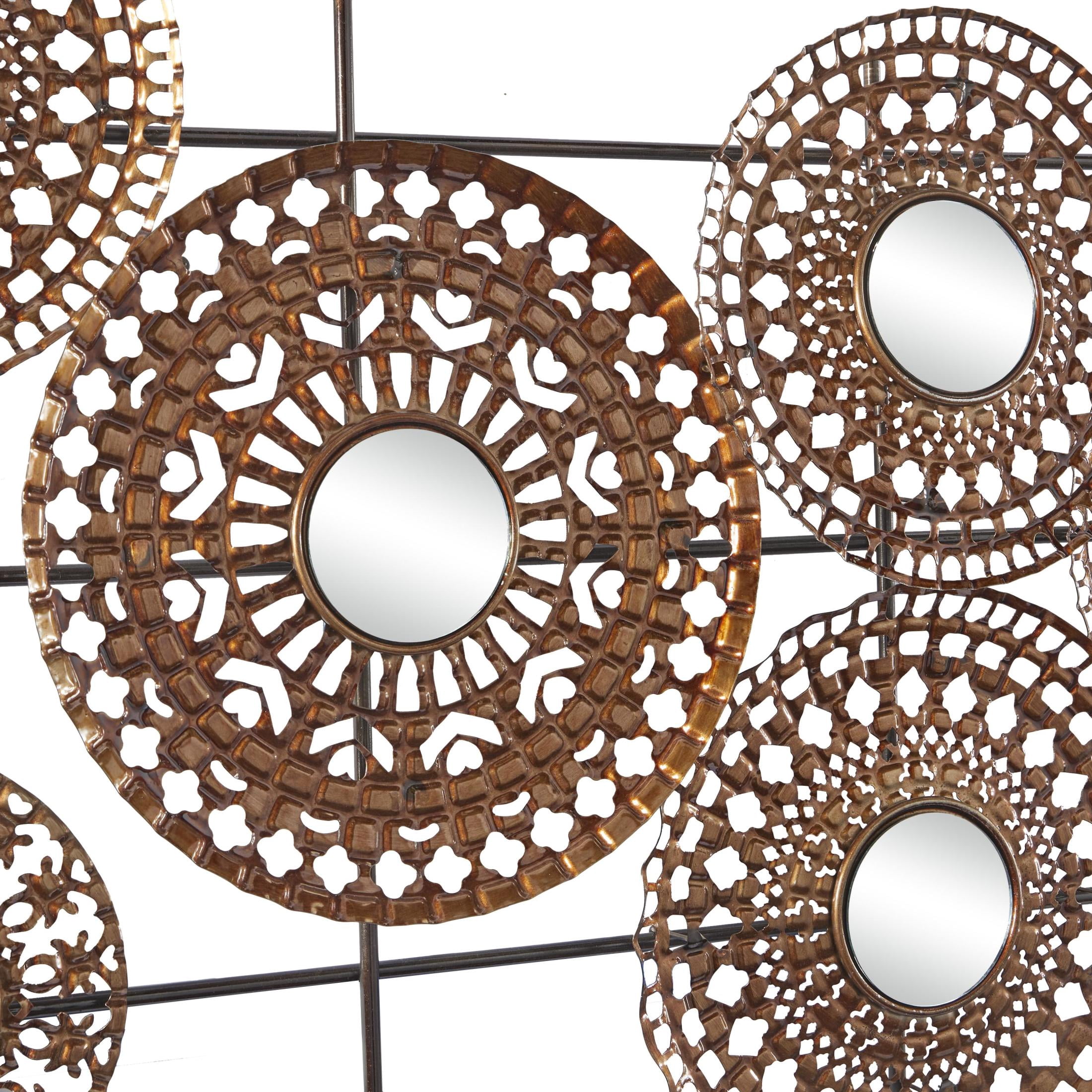 DecMode Bronze Metal Cutout Plate Wall Decor with Round Mirrored Accents and Black Rods