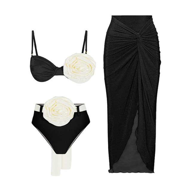 Gibobby Conjunto de Traje de Baño para Mujer Bikini con correa de cintura alta floral hecho a mano para mujer(Negro,G)