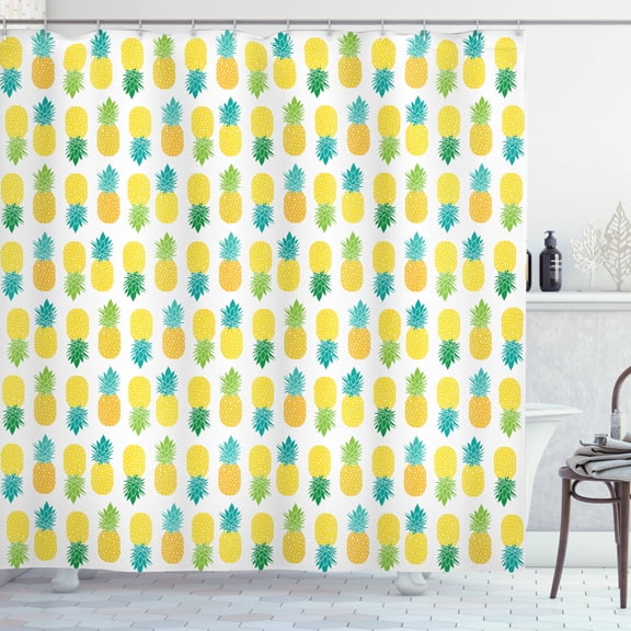 Green and Yellow Shower Curtain, Fresh Hawaii Foliage with Blooming Leaves on Fruits, Fabric Bathroom Set with Hooks, 69W X 84L Inches Extra Long, Sea Green Apple Green Yellow, by Ambesonne