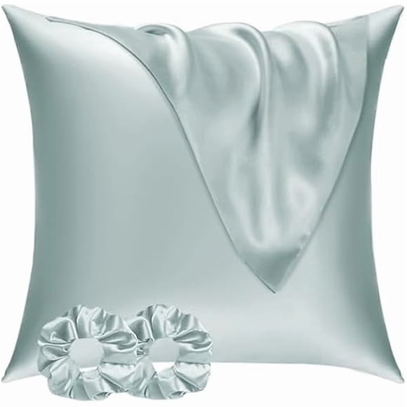 LujingZ Lot de 2 Taies d'Oreiller en Satin pour les Cheveux et la Peau, Douces comme des Taies d'Oreiller en Soie pour les Cheveux et la Peau, Entretien Plus Facile Que la Taie d'Oreiller en Soie Taies d'Oreiller Vert Sauge pour Enveloppe d'Oreiller 60x60 cm et 2 Chouchous