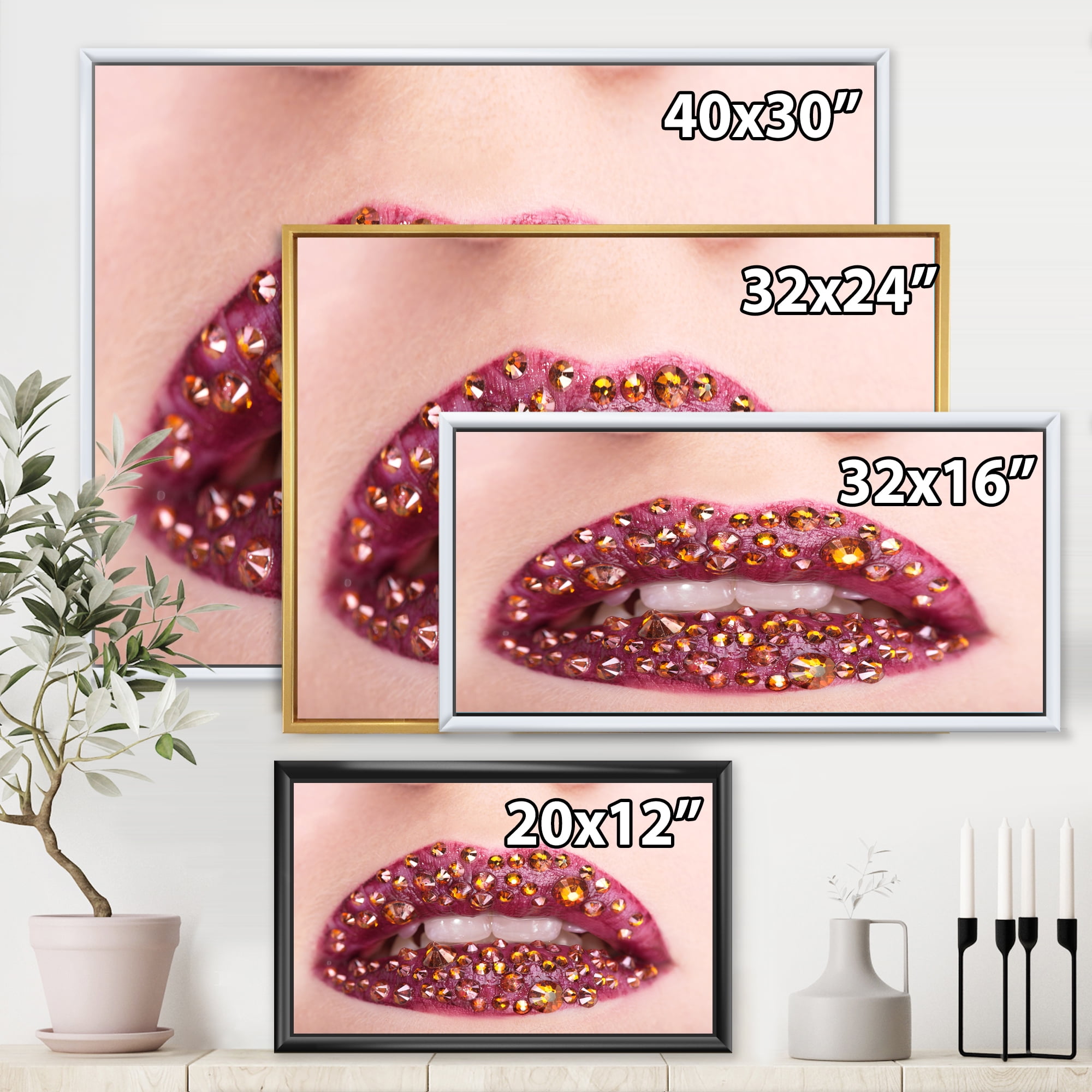 Designart 'Close-Up Of Girl Lips With Sequins' Modern Framed Canvas Wall Art Print