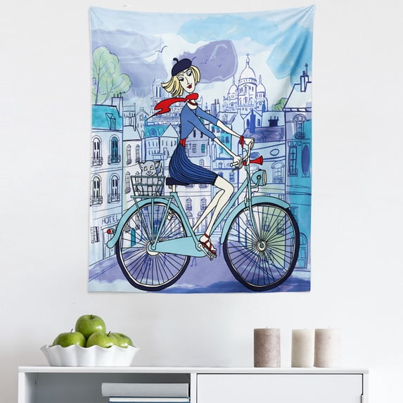 Paris Tapestry, Young Woman French Hat and Funny Cat on Bicycle in French Street Watercolor, Fabric Wall Hanging Decor for Bedroom Living Room Dorm, 5 Sizes, Multicolor, by Ambesonne
