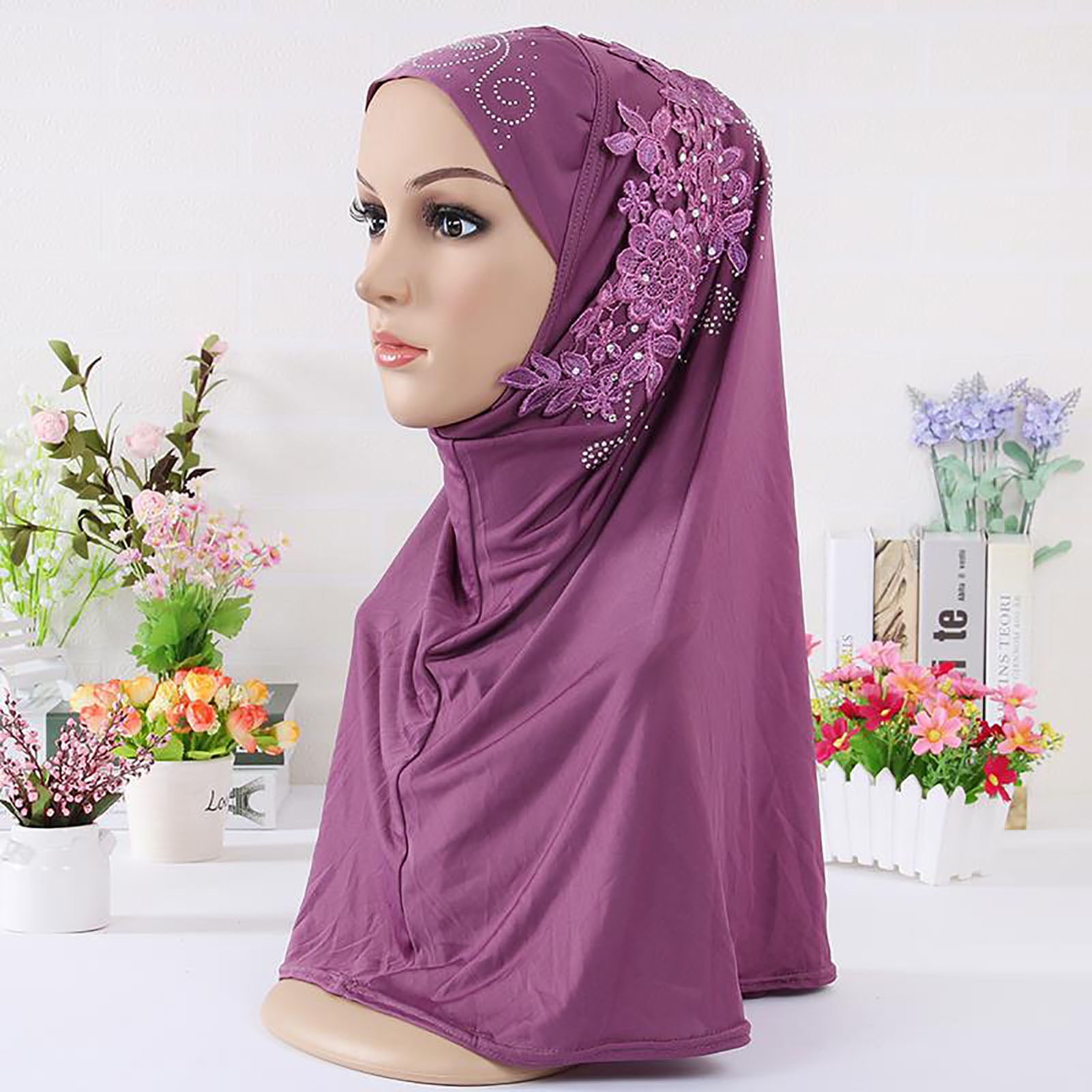 Walbest 1 Piece Women Girls Solid Color Muslim Hijab Islamic Lace Applique  Head Wrap Shawl Long Scarf Wrap Scarves with Rhinestones, Fashion Headscarf