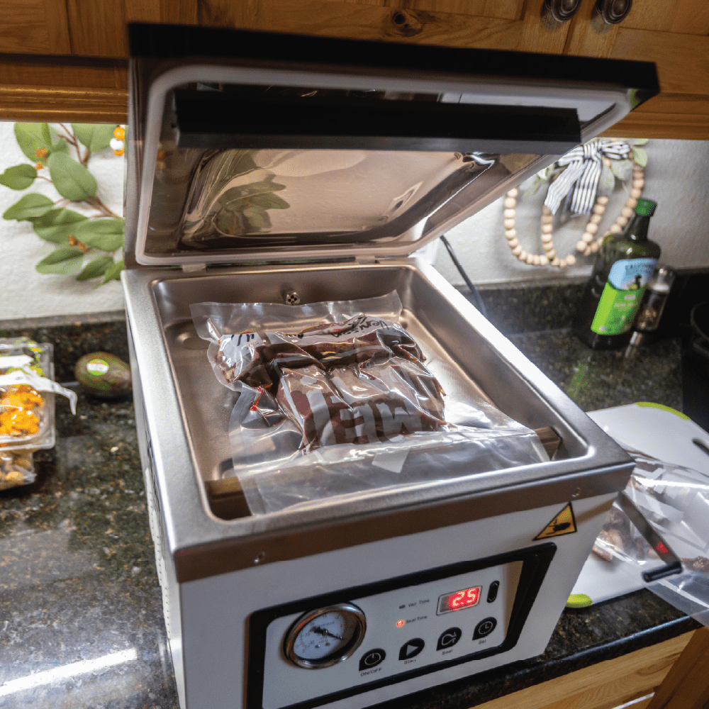 MEAT! Chamber Vacuum Sealer with 12" Sealing Bar, Adjustable Seal Time, Vacuum Gauge, and Vacuum Bag Sampler Pack for Preserving Meat and Vegetables