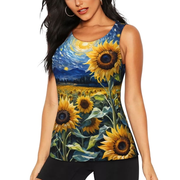 Fotbe Starry Sky Sunflower Blusas Sin Mangas para Mujer – Estilo Casual, Corte Suelto, Slim-Fit, Cuello Redondo Deportivo, Tops de Verano para Gimnasio y Yoga-Medium