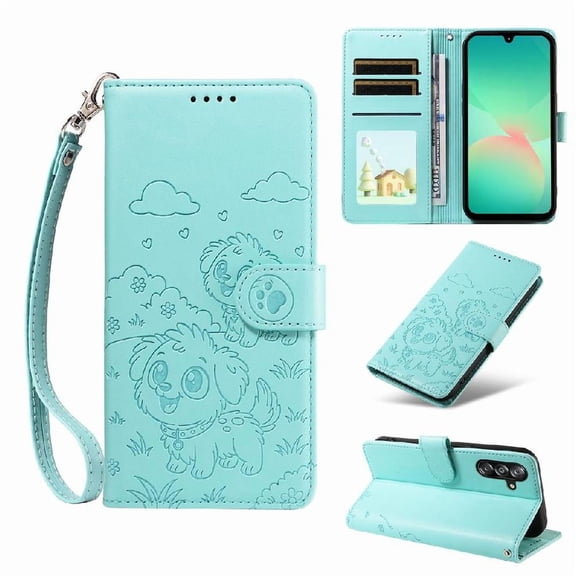 Case for Samsung Galaxy A16 Wrist Strap Leather Pocket Card Slot Holders Dog Embossed