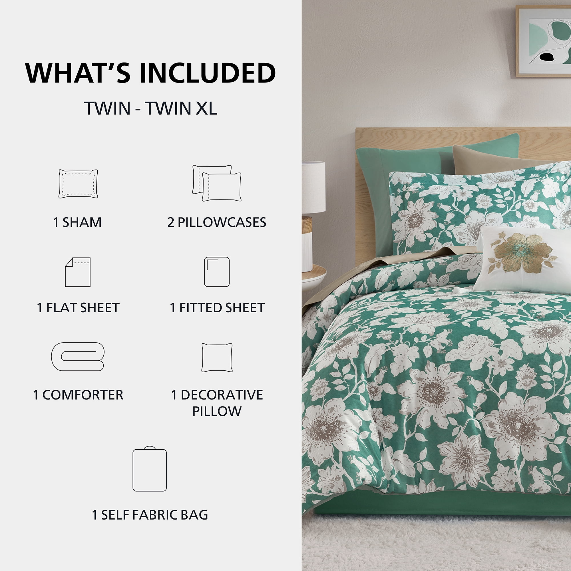 Mainstays All in One Reversible Comforter and Sheet set- 8 Piece, Twin, Green Floral