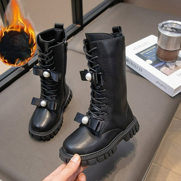 Spazoro Girls Mid Calf Boots, Lace Up Leather Side Zipper Fleece Lined Long Boot Shoes for Girls Black