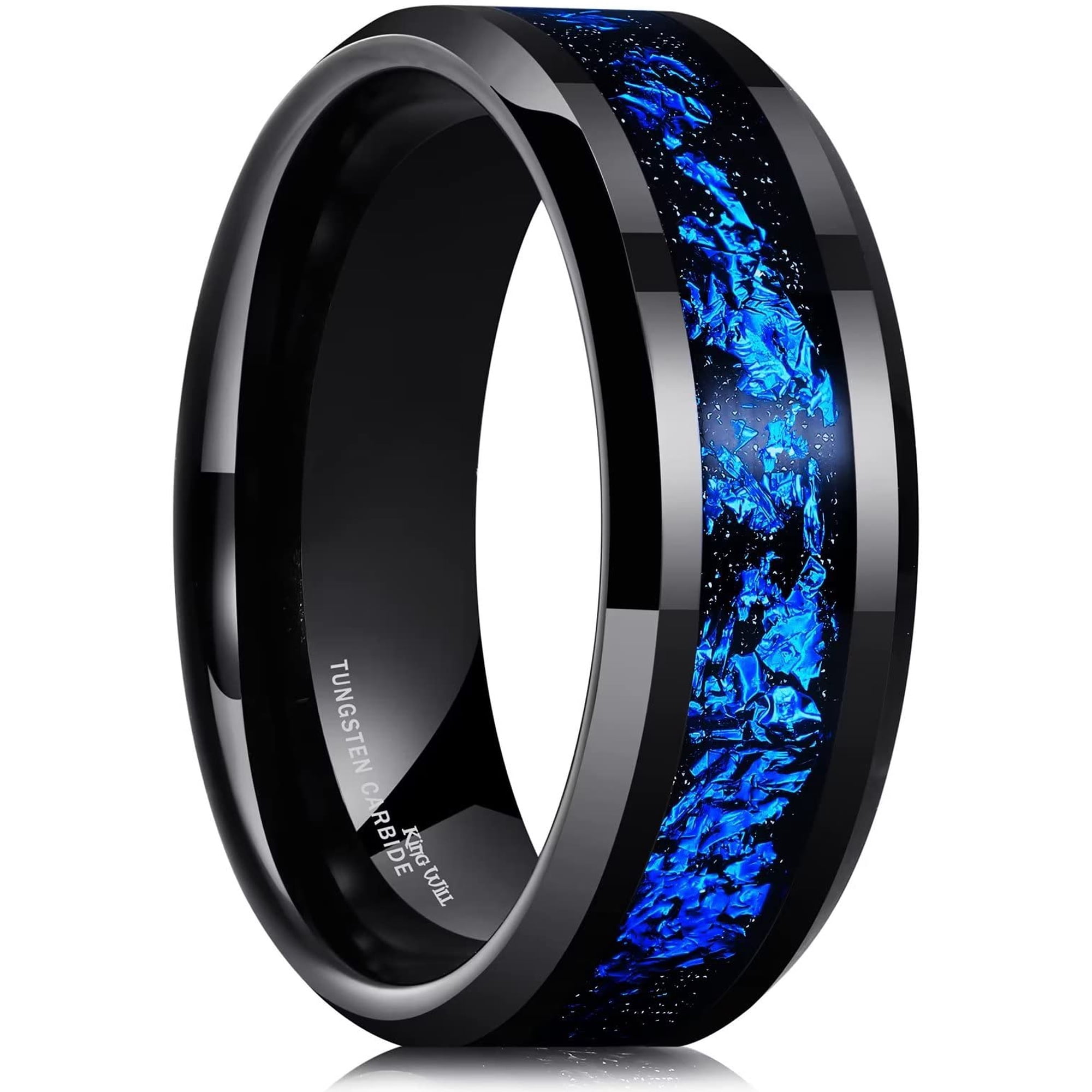 King Will GALAXY Mens 8mm Black Tungsten Carbide Wedding Ring with Blue Foils Inlay Beveled Edge Foils Tungsten Wedding Band Comfort Fit Size 10