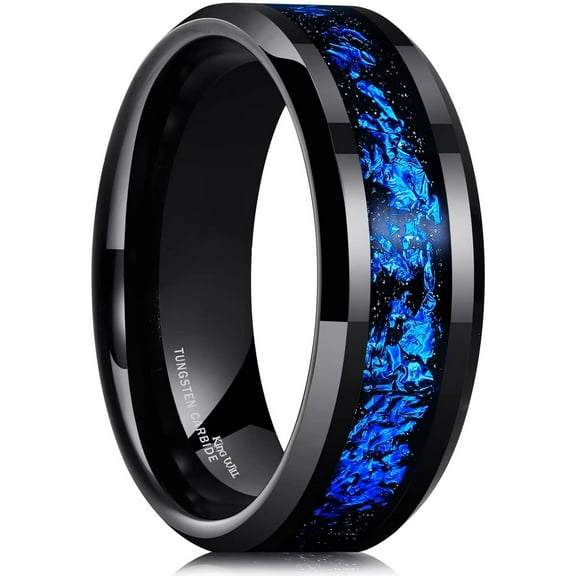 King Will GALAXY Mens 8mm Black Tungsten Carbide Wedding Ring with Blue Foils Inlay Beveled Edge Foils Tungsten Wedding Band Comfort Fit Size 10