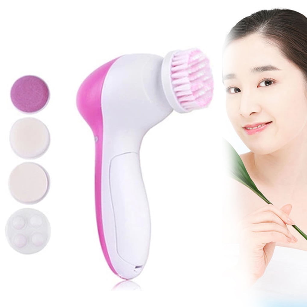 5 In 1 Electric Beauty Face Facial Cleansing Cleanser Spin Brush Massager Facial Scrubber Cleaner Face Skin Brush (Rose Red)