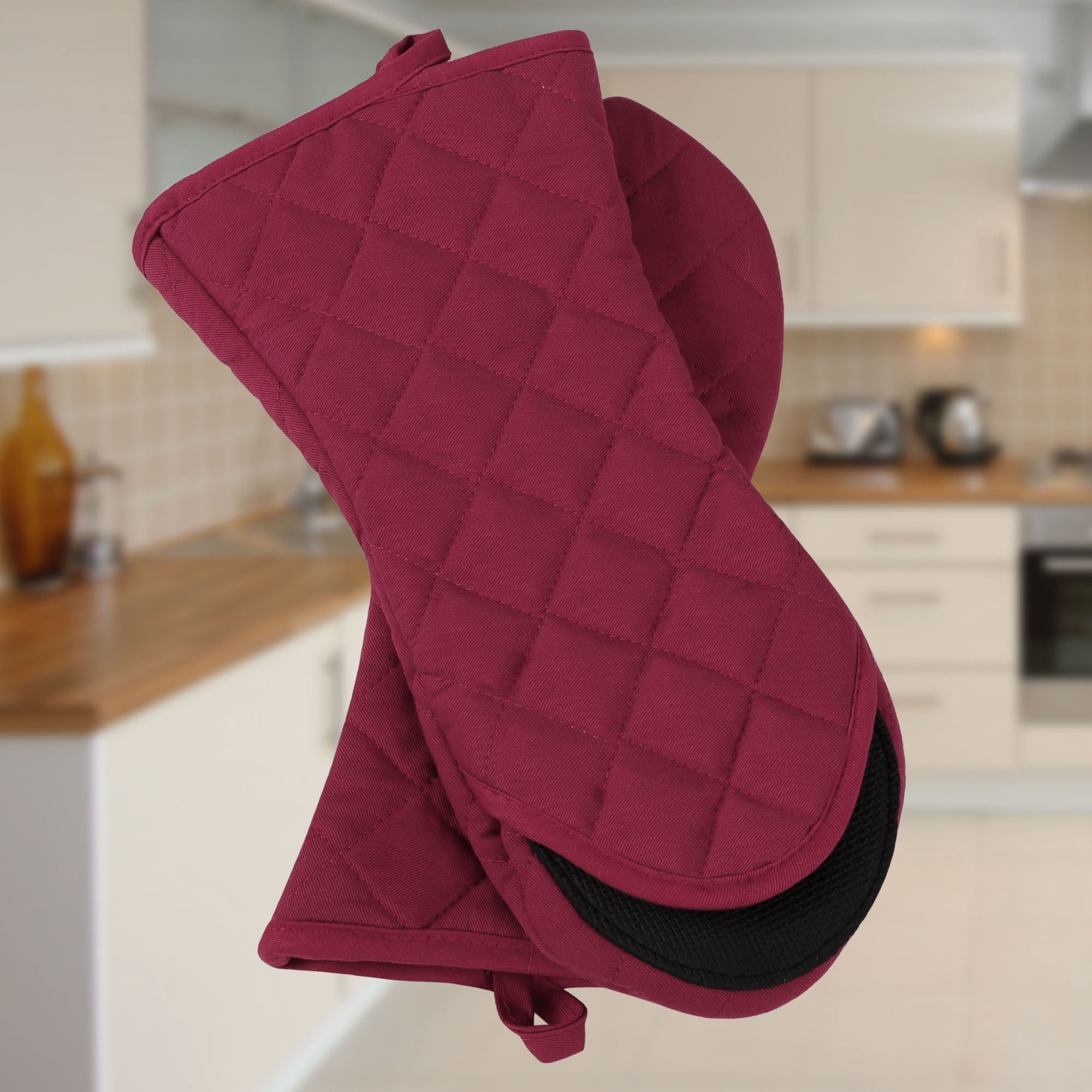 Unique Bargains Non-Slip Oven Mitts Heat Resistant Gloves Potholder for Hot Cookware Red