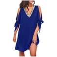 thumbnail image 2 of SMihono Robes d'Été Bohémiennes Femmes Grande Taille Mode Femmes Col en V Été Uni Décontracté Manches Courtes Mi-Mollet Robe, 2 of 7