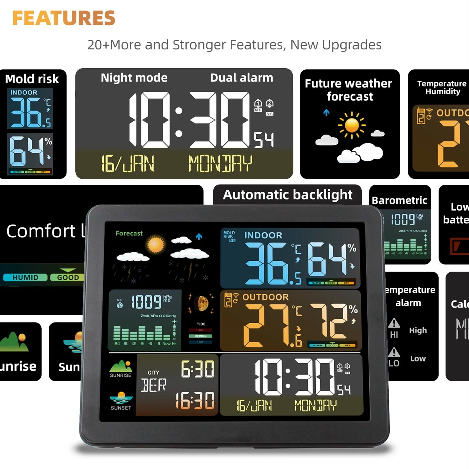 Smart Weather Station with Clock Temperature & Humidity Meter Large Color Screen Weather Clock Weather Forecast