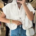 thumbnail image 3 of Huvoen Womens Cropped Buttons Down Shirt Summer Distressed Collared Sleeveless Jean Jacket Coat Loose Denim Tops with Pockets White s, 3 of 8