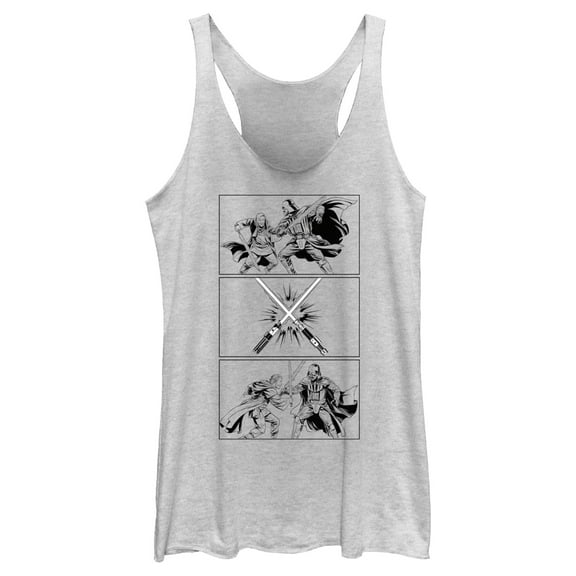 Women's Star Wars: Obi-Wan Kenobi Darth Vader vs Kenobi Sketch Panel Battle Racerback Tank Top White Heather 2X Large