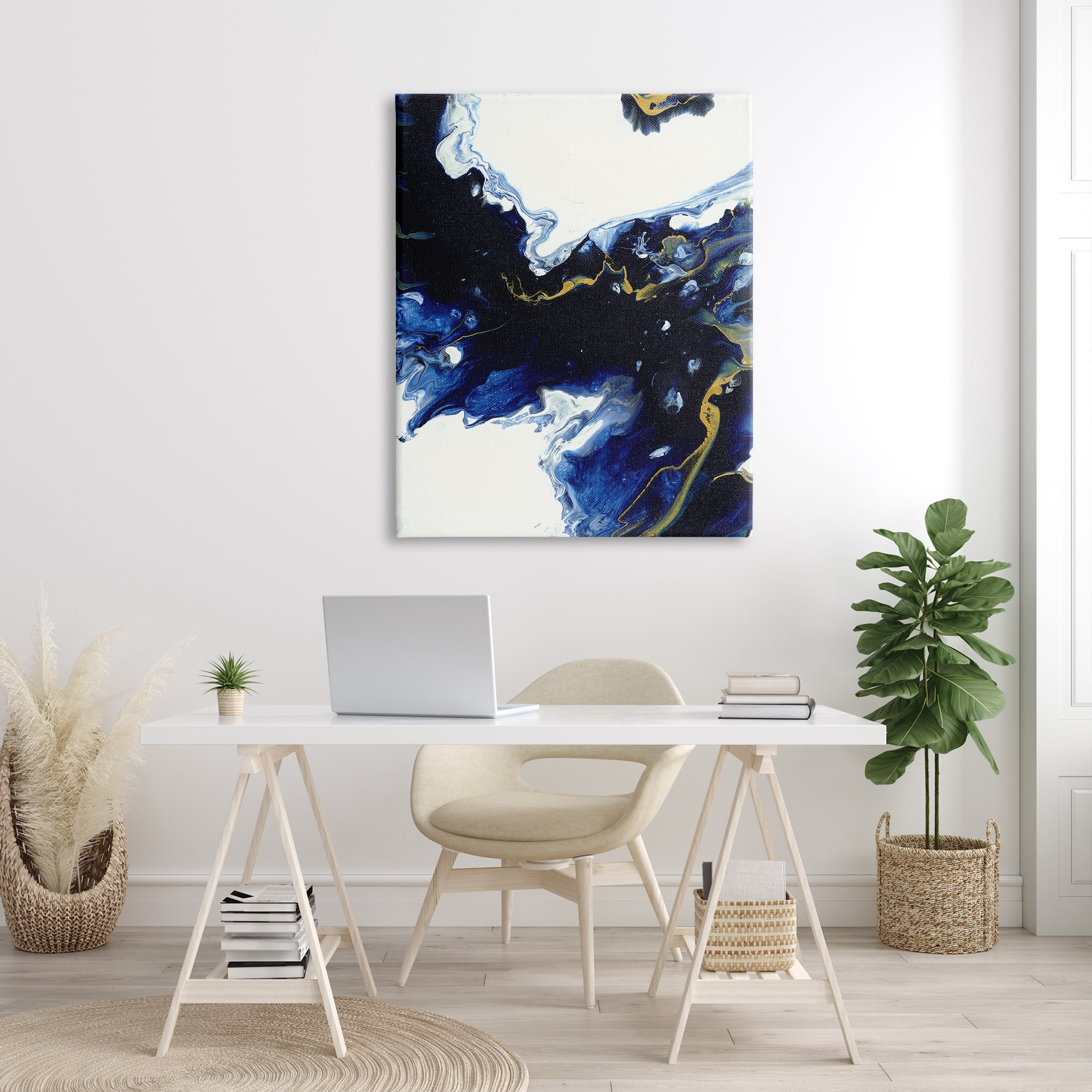 Stupell Industries Blue Waters Moving Through White Abstraction Modern Design Abstract Painting Gallery Wrapped Canvas Print Wall Art, 36 x 48