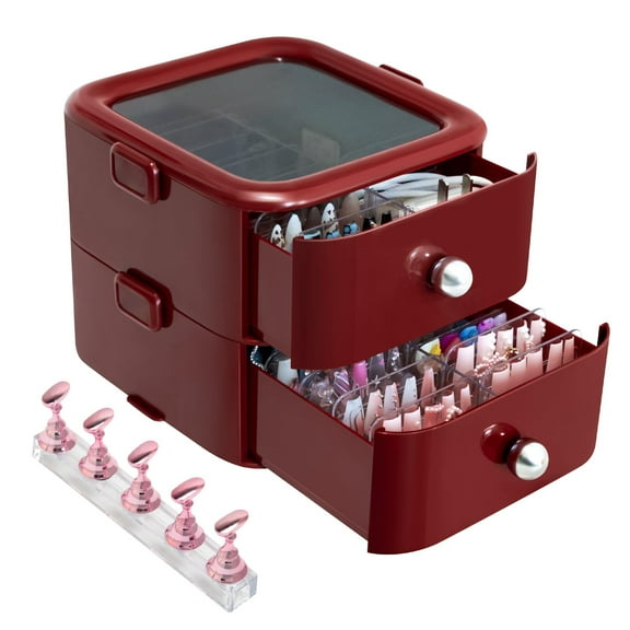 Makeup Organizer with Drawers, Press On Nail Organizer Storage Box with Handle, Press On Nail Supplies Organizer with Nail Tape (Red); for Dresser Fake Nail Storage, Nail Display, Nail Salon