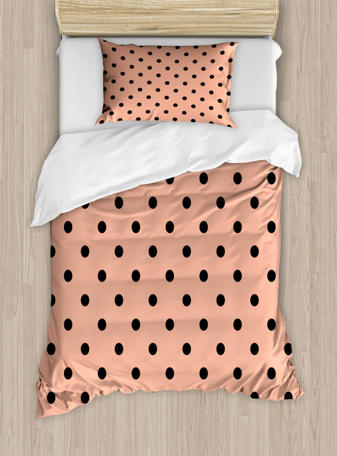 Peach Twin Size Duvet Cover Set Traditional Black Polka Dots On