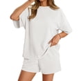 thumbnail image 3 of Short Sleeved 2 Pieces Waffle Knit Set Casual .loose Tops and Shorts Pants Lounge Sets, 3 of 6