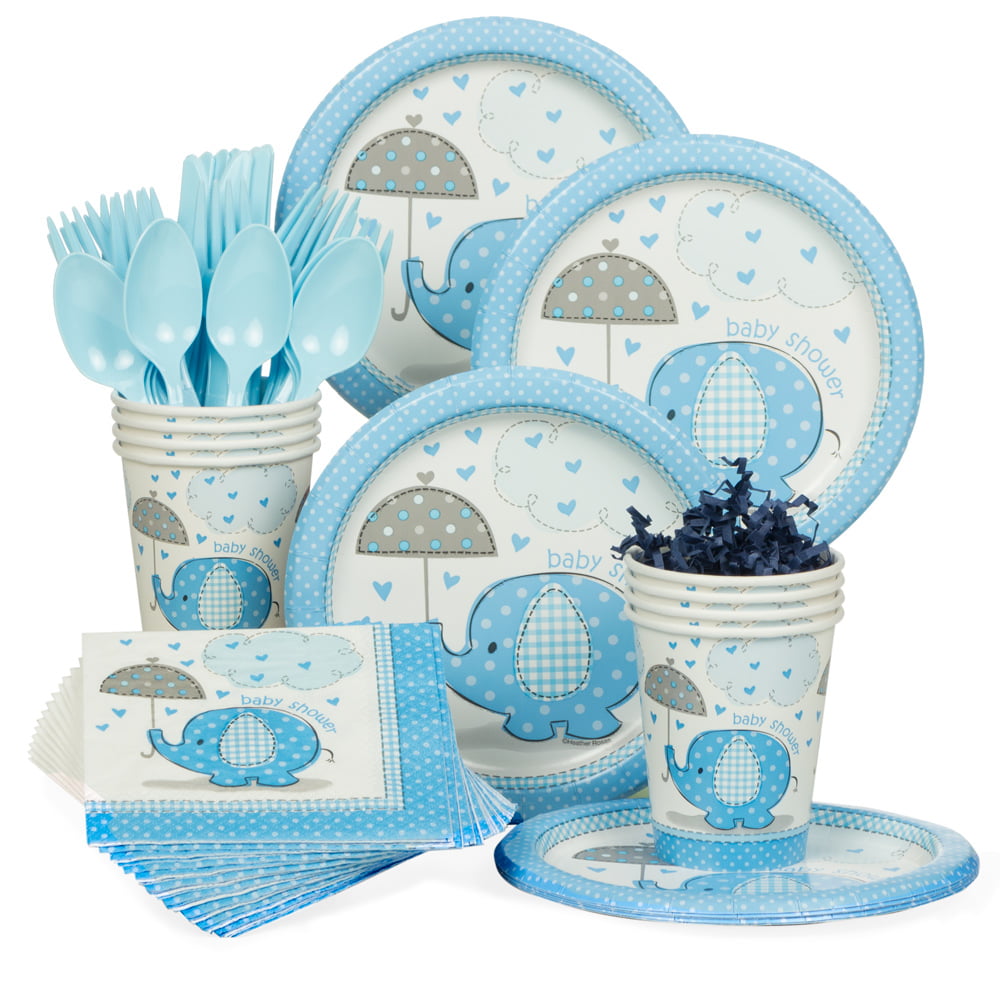 8 Baby Shower Paper Plates Blue Umbrellaphants Party Supplies Tableware Boy 