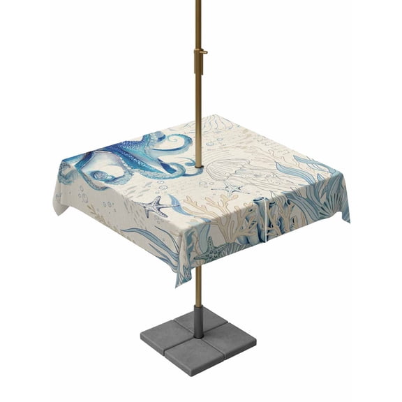 Outdoor Tablecloths with Umbrella Hole & Zipper, Blue Octopus Coastal 60x60 Inch Square Tablecloths, Coral Summer Beach Nautical Ocean Beige Waterproof Table Cloth, Patio/Pool/Picnic Table Covers