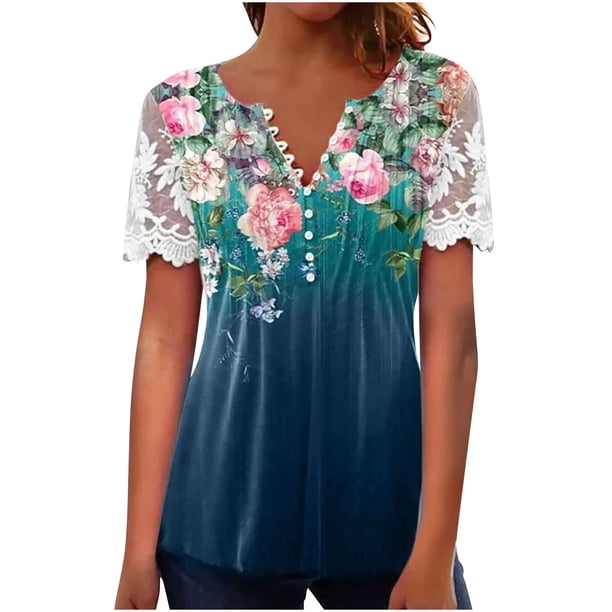 Camisetas con estampado floral con cuello en V para mujer Blusas femeninas cómodas de encaje con estilo Tops OAVQHLG3B Store lin121212