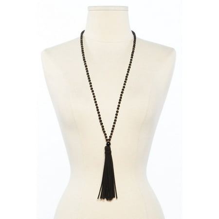 - Womens Glass Beads With Suede Tassel Long Fashion Necklace CPN0664-Black