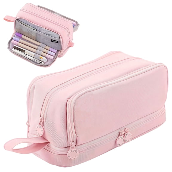 Pencil Case Big Capacity Handheld 3 Compartments Pencil Portable Large Storage Canvas Pencil Bag, Pink