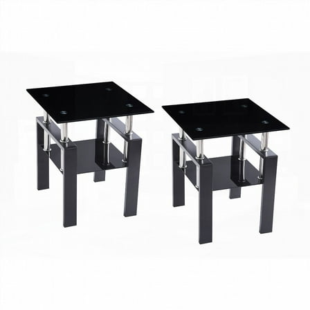 2-Piece Tempered Black Glass Sofa Table & Metal Leg Nightstand for Living Space