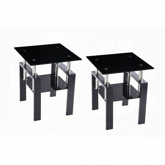 2-Piece Tempered Black Glass Sofa Table & Metal Leg Nightstand for Living Space