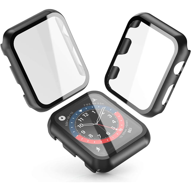 Hard Case for Apple Watch Series 3 / Series 2 Screen Protector 38mm, Hard PC Case Slim Tempered Glass Screen Protector Overall Protective Cover for iwatch Series 3/2,Black,38mm,2pcs