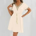 thumbnail image 2 of Sentmoon Spring Dress Short Sleeve Lace Sundresses for Women Solid Color Loose V Neck Plus Size Formal Dresses for Women Summer Trendy for Lounge at Home Beige XXL, 2 of 8