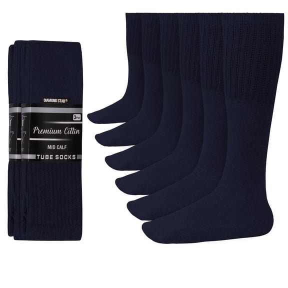 Diamond Star Men’s Tube Socks – Premium Cushioned Cotton Over the Calf Athletic Knee High Socks (Navy - 6 Pairs 26 inches Mid Calf Socks fit size 10-15)