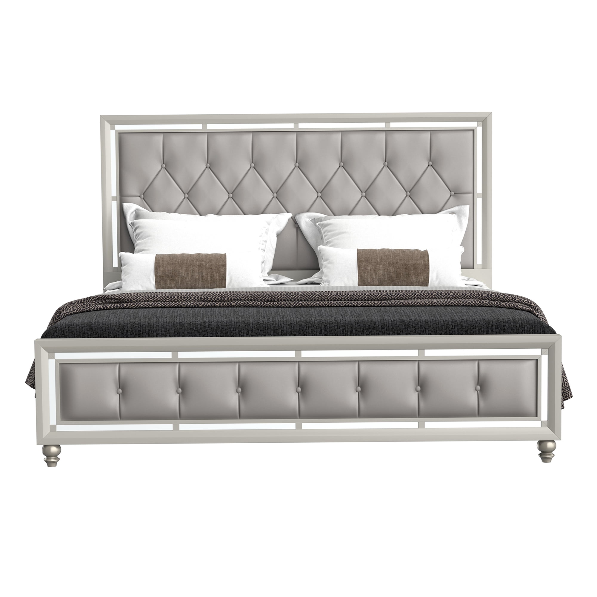 Modern Silver King Bed Frame with Upholstered Headboard, Gemstone Tufted Low Footboard Design