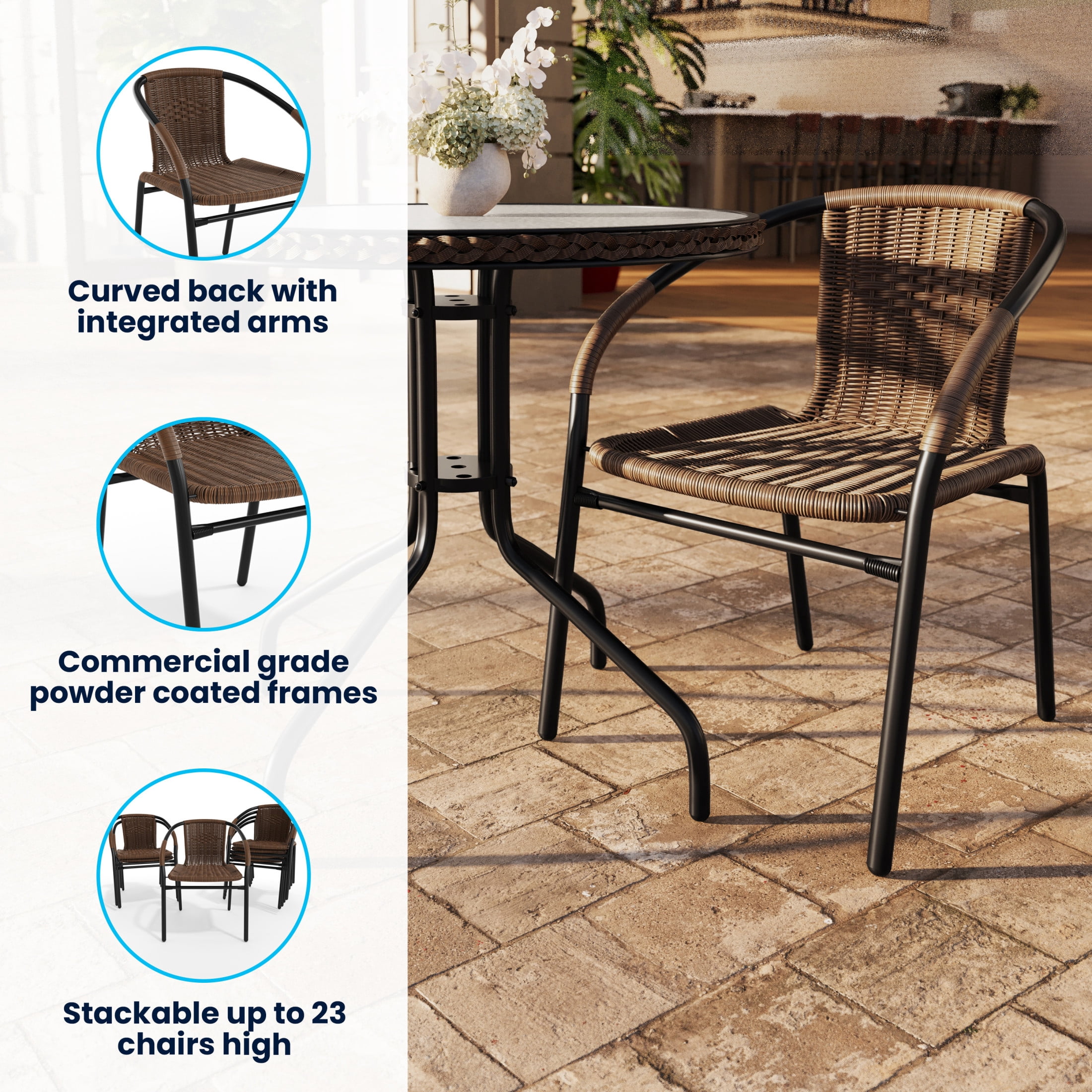 Emma + Oliver 4 Pack Medium Brown Rattan Indoor-Outdoor Restaurant Stack Chair