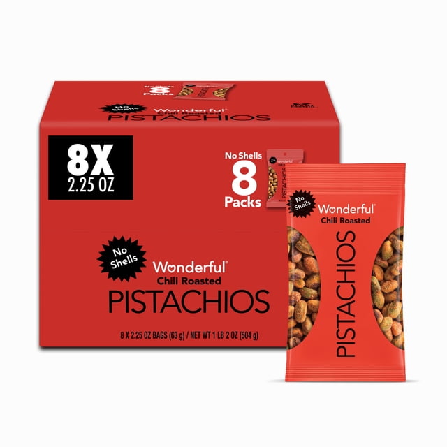 Wonderful Pistachios, Pistaches Sin Cáscara, Tostados Picantes, 63g, Paquete de 8 bolsas, Snack