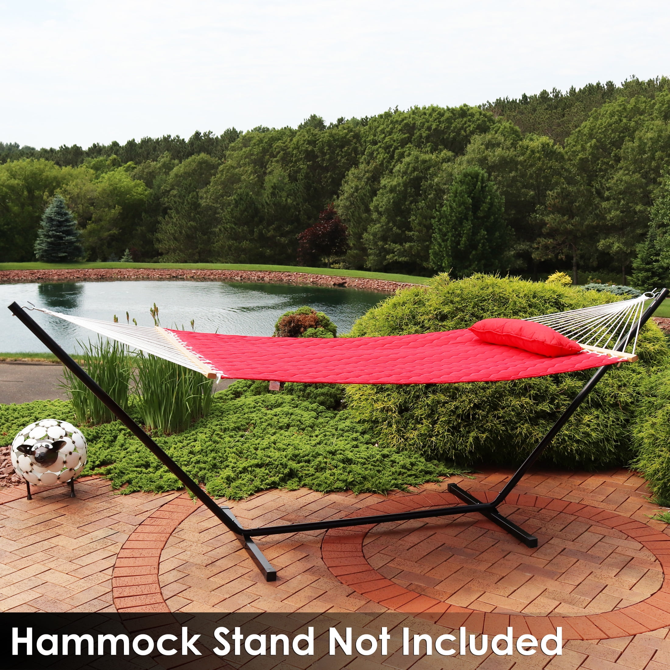 Sunnydaze 2-Person Quilted Polyester Spreader Bar Hammock with Pillow, 440 lb Capacity - Red