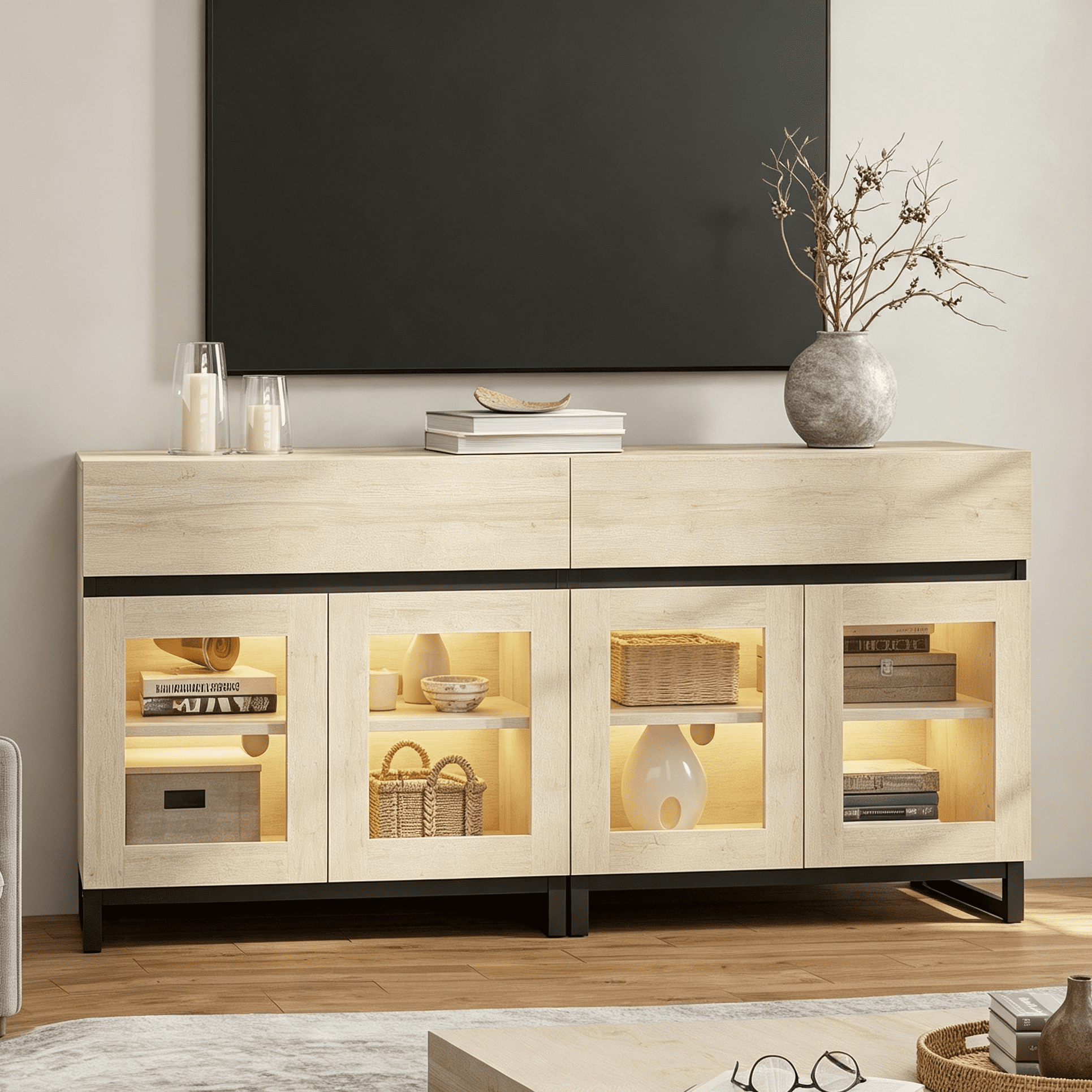 Modern TV Stand with Glass Door & Drawer, Metal Base Entertainment Console up to 70 Inch TVs, Media Console for Living Room & Bedroom,Beige
