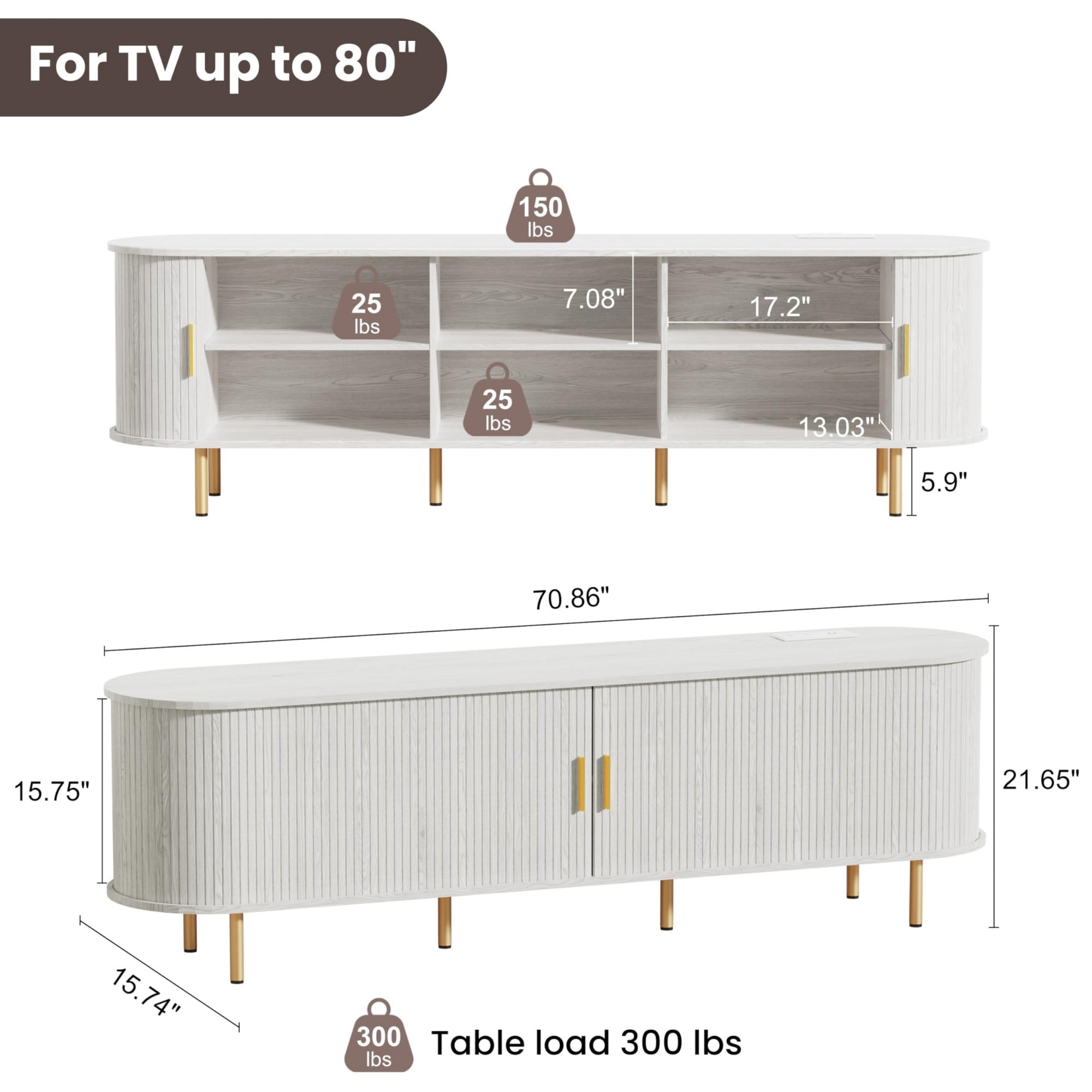 70.8 Inch Mid Century Modern TV Stand with Power Outlet, Fluted Media Console with Sliding Doors for TVs up to 80 Inch, White