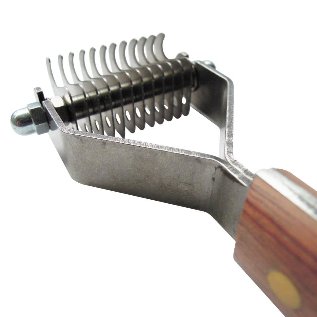 mirlewaiy Double Wide Dematting Undercoat Grooming Rake Stripper Tool for Dogs and Cats, Stainless Steel with Wooden Handle for Thick Coats, 18-Blade Stripper for Groomers, Pet Owners