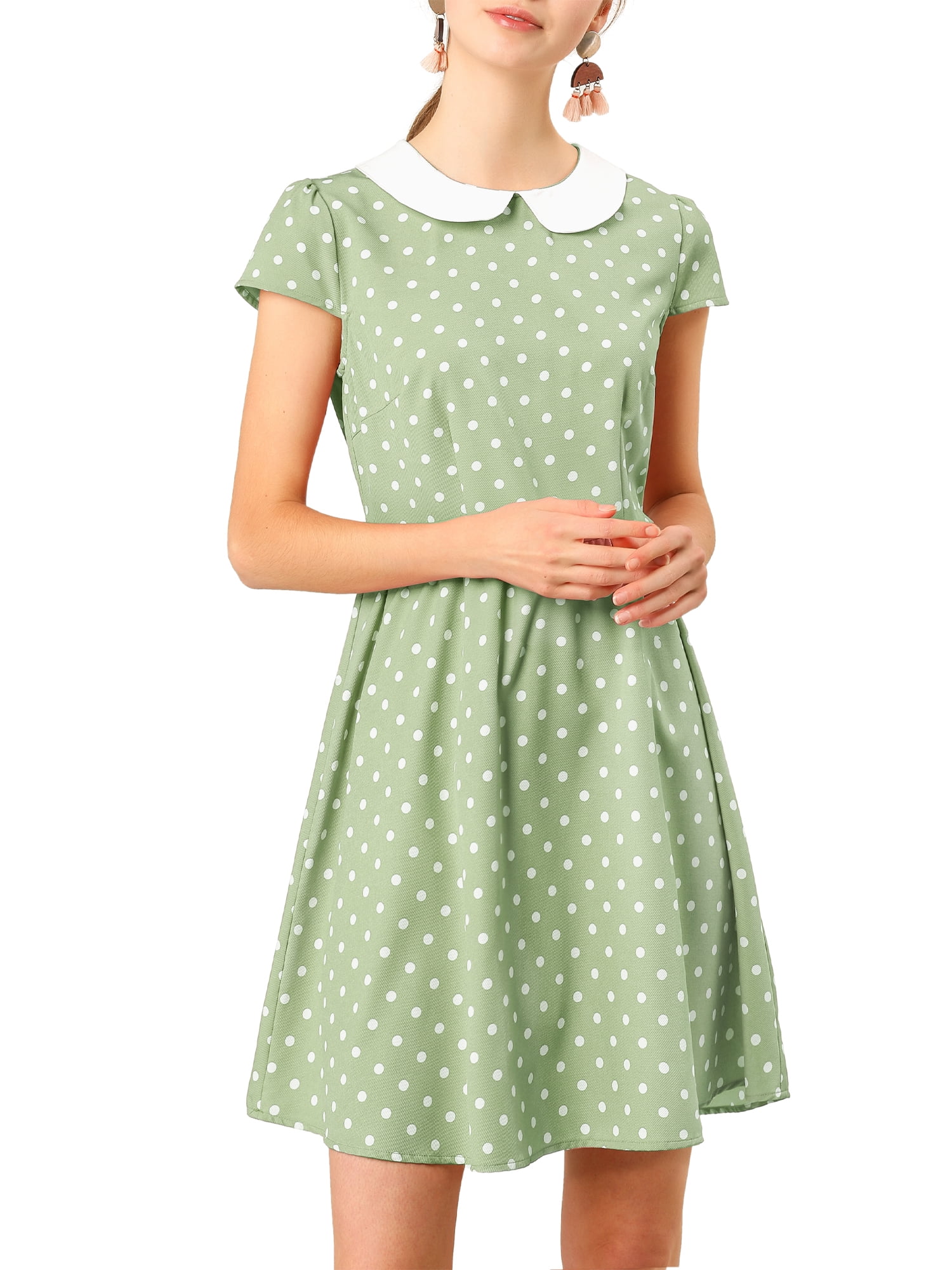 DARING DIVA Polka Dots Peter Pan Collar Above Knee Dress S Green