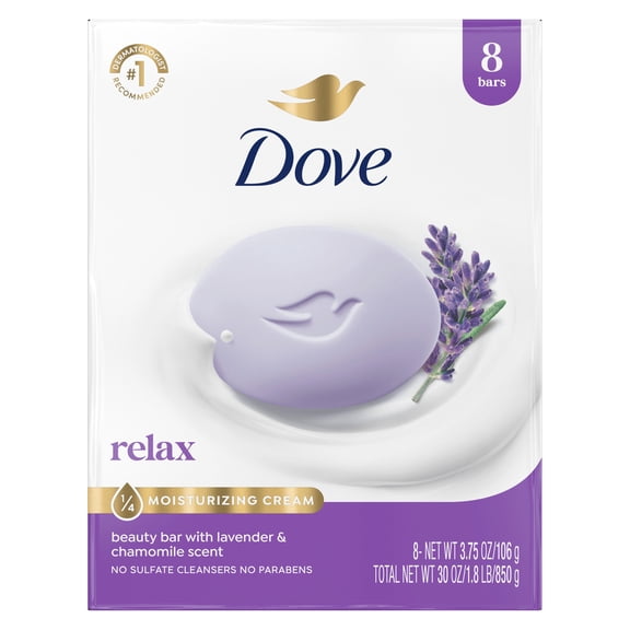 Dove Beauty Bar Soap For moisturized Skin, Relaxing Lavender Oil & Chamomile Calms Dry Skin, 3.75 oz 8 Bars