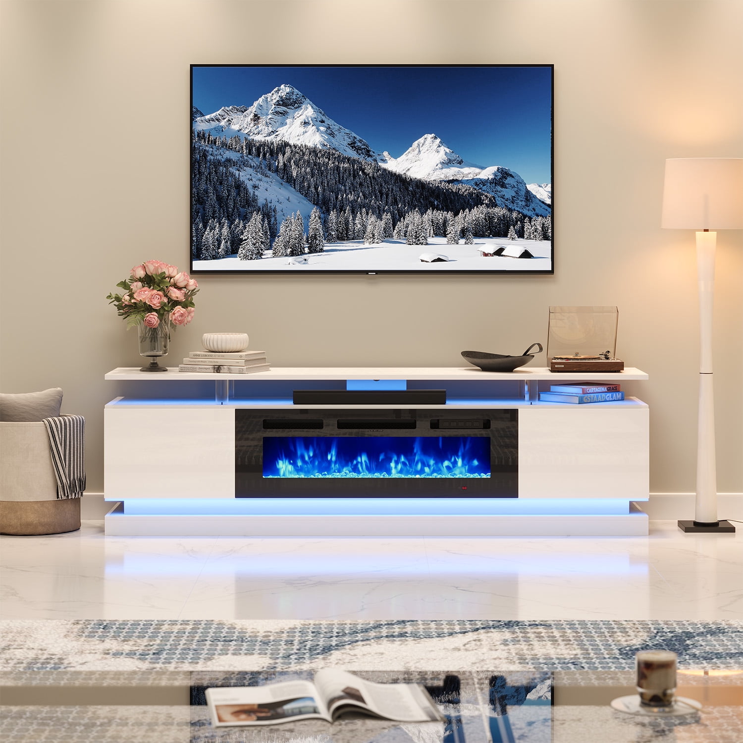 BaPiPro 70" Fireplace TV Stand for TVs up to 80", Modern Entertainment Center TV Console with Storage for Living Room, White TV Stand and Black Fireplace