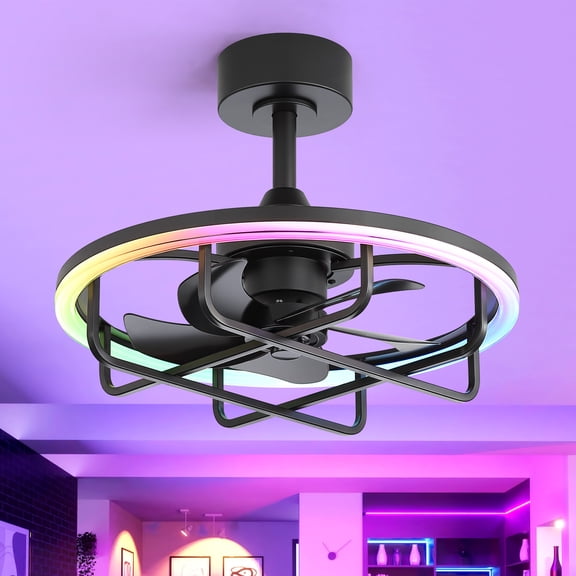 ALKAFY 20 inch Black Caged Ceiling Fan with LED - 5 Black Blades and Remote Control, for Bedroom and Living Room